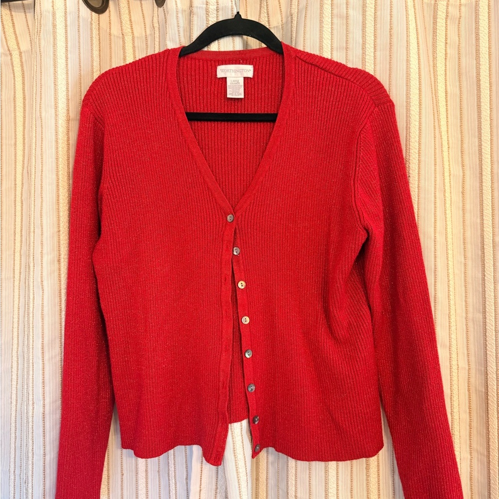 Worthington Click pic 2 to see Shimmery Red Cardigan Sweater Dressy Size L